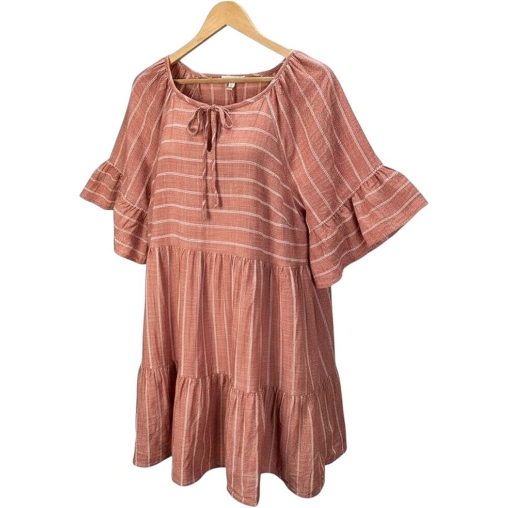 Robbie Bee Striped Tiered Babydoll Tunic Dress Womens 2X Boho Coastal Peasant